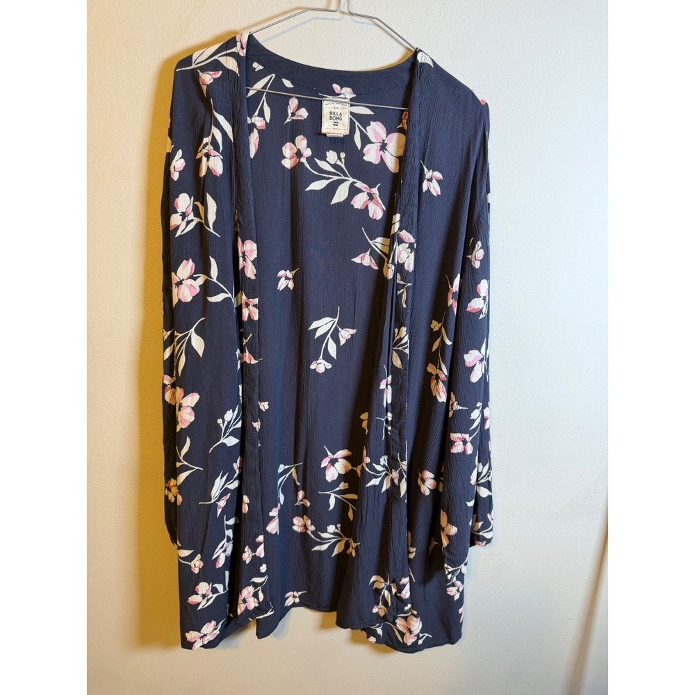 Billabong Womens Kimono Floral Crinkle Rayon Navy Blue Size S/M Flawed
